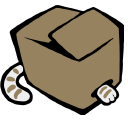 A stylized cardboard box - a little cat paw is poking out from the front, and a tail from the back.