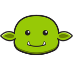 The stylized face of a goblin, smiling at the viewer.