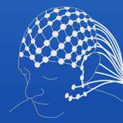 Stylized outline of a serene-looking person with what appears to be stylized disc over their head, much like those used in electroencephalography.
