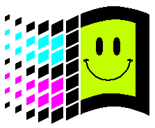A logo that looks like the Windows 95 one, except it's in cyan, magenta and lime green, and sports a smiley face.