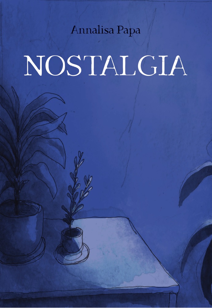 Front cover of a booklet: a corner of a room in deep blue, titled 'Nostalgia'.